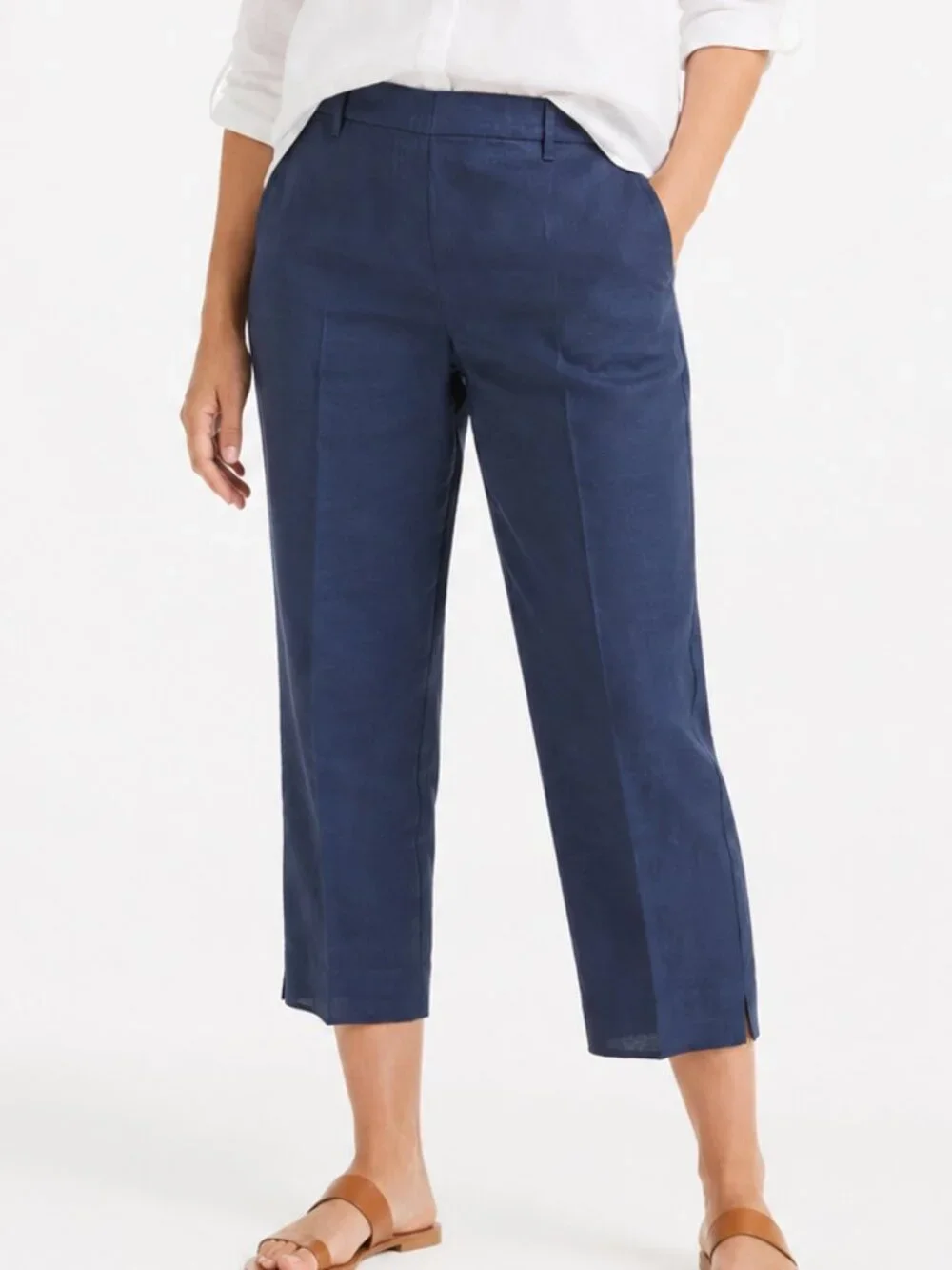 J. Jill Linen Stretch Pull On Pleated Crop Pants in Navy Blue Size XL Petite